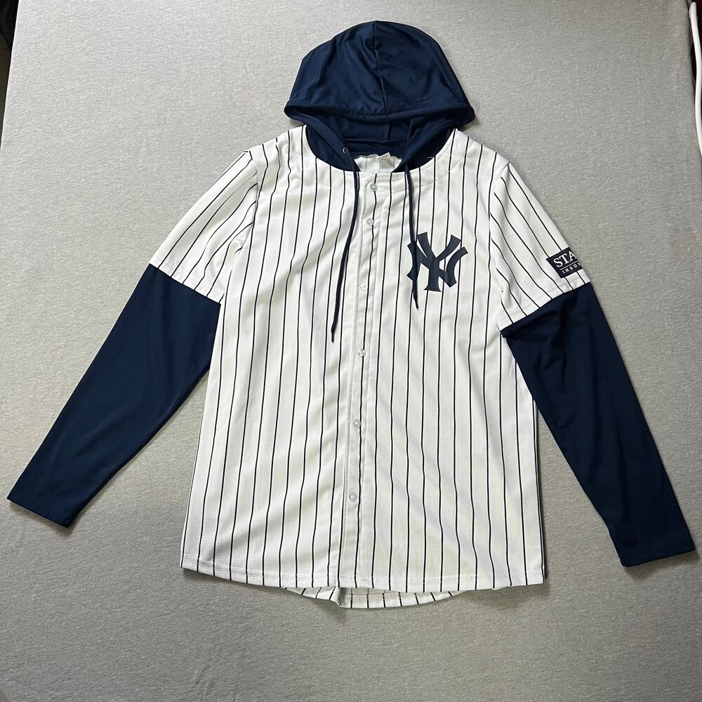 New York Yankees Jersey Hoodie Shirt XL Pinstripe Long Sleeve Navy White MLB